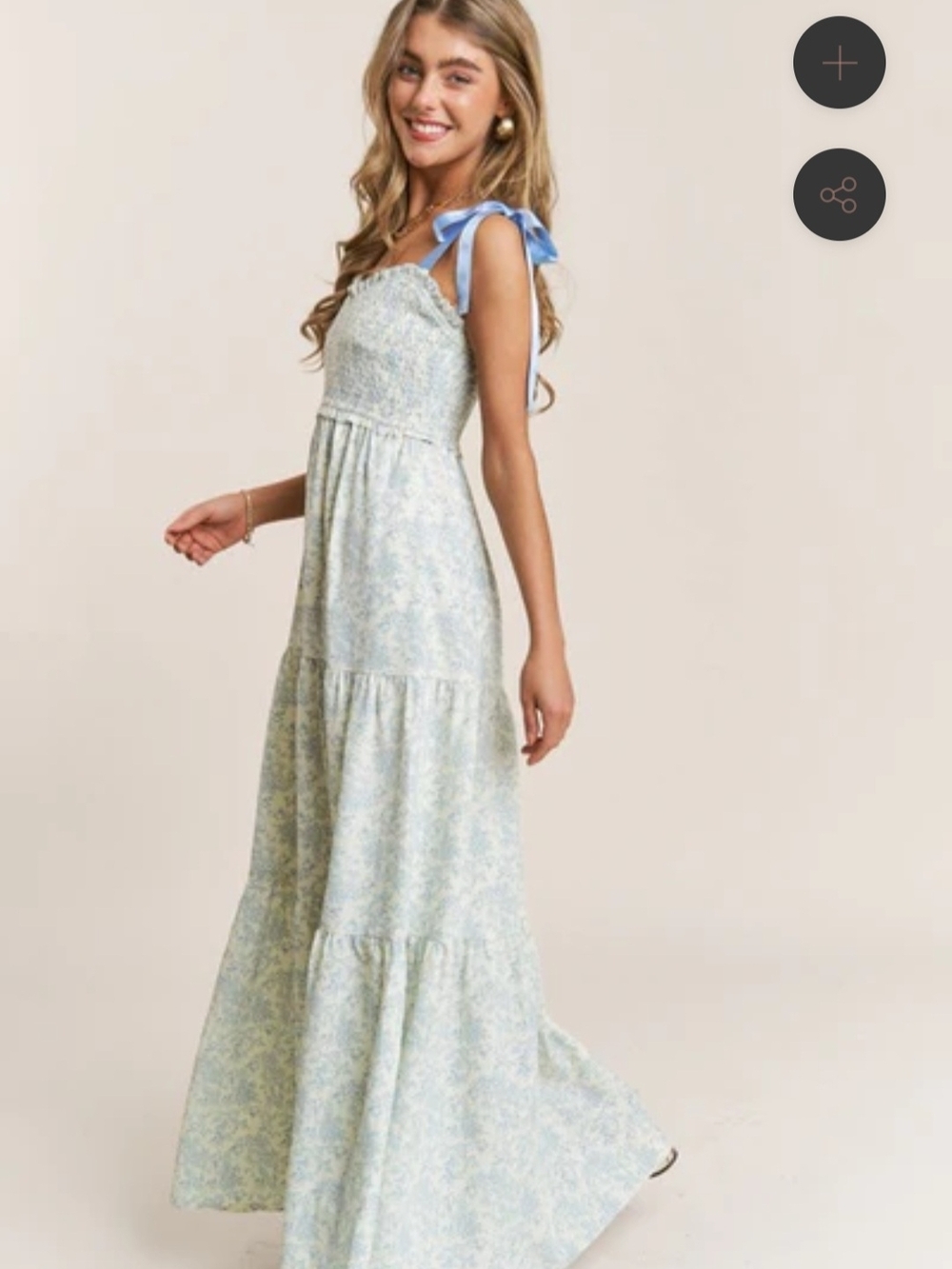 Blue Floral Tie-Shoulder Maxi Dress Empire Neck Line Tiered Maxi - Picture 4 of 6